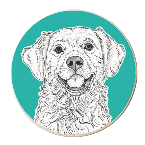 Golden Retriever Portrait ( teal background ) - personalised beer coaster by Adam Regester