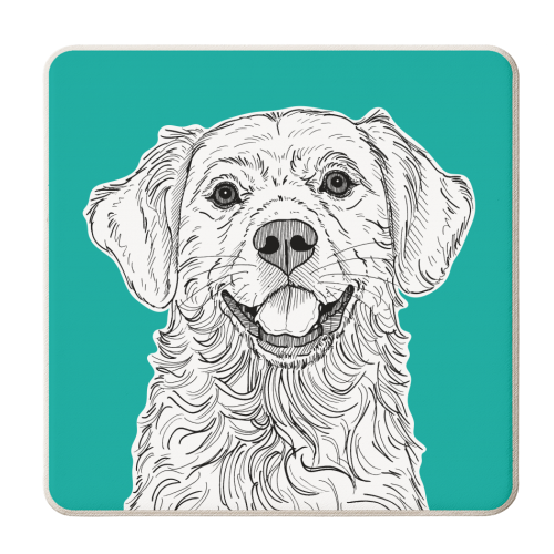 Golden Retriever Portrait ( teal background ) - personalised beer coaster by Adam Regester