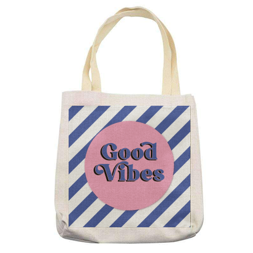 Good Vibes - blue pink stripe! - printed canvas tote bag by Mad Philomena