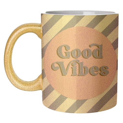 Good Vibes - blue pink stripe! - unique mug by Mad Philomena