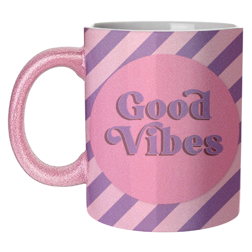 Good Vibes - blue pink stripe! - unique mug by Mad Philomena