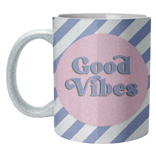 Good Vibes - blue pink stripe! - unique mug by Mad Philomena