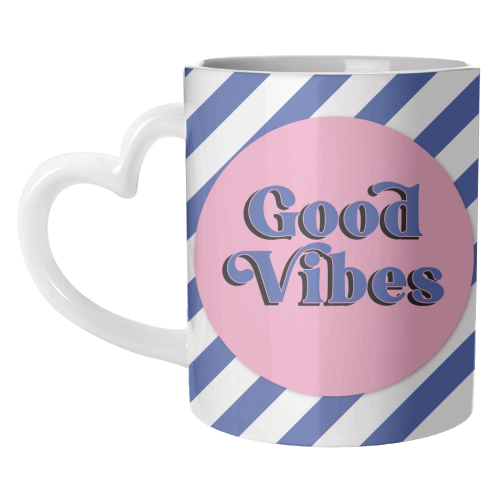 Good Vibes - blue pink stripe! - unique mug by Mad Philomena