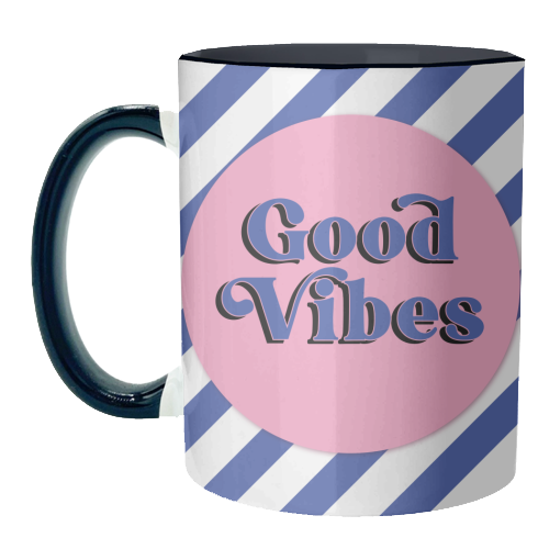 Good Vibes - blue pink stripe! - unique mug by Mad Philomena