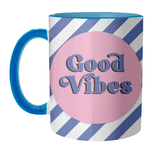 Good Vibes - blue pink stripe! - unique mug by Mad Philomena