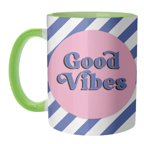 Good Vibes - blue pink stripe! - unique mug by Mad Philomena