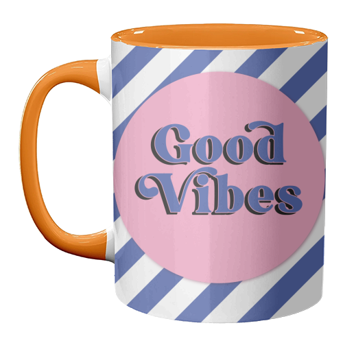 Good Vibes - blue pink stripe! - unique mug by Mad Philomena