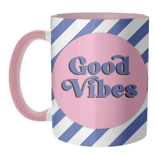 Good Vibes - blue pink stripe! - unique mug by Mad Philomena