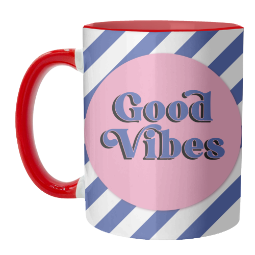 Good Vibes - blue pink stripe! - unique mug by Mad Philomena