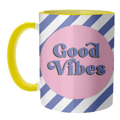 Good Vibes - blue pink stripe! - unique mug by Mad Philomena