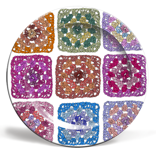 Granny squares crochet design - ceramic dinner plate by PixieDrew