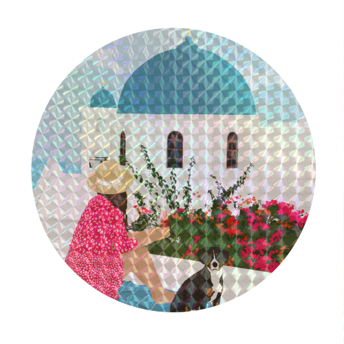 Greek Staycation, Pets Santorini Tropical Summer Travel, Dog White Buildings Architecture Fashion Bohemian - Circle Sticker by Uma Prabhakar Gokhale