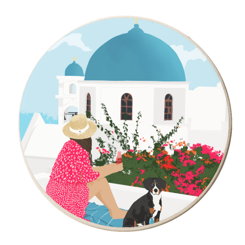 Greek Staycation, Pets Santorini Tropical Summer Travel, Dog White Buildings Architecture Fashion Bohemian - personalised beer coaster by Uma Prabhakar Gokhale