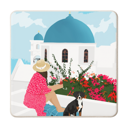 Greek Staycation, Pets Santorini Tropical Summer Travel, Dog White Buildings Architecture Fashion Bohemian - personalised beer coaster by Uma Prabhakar Gokhale