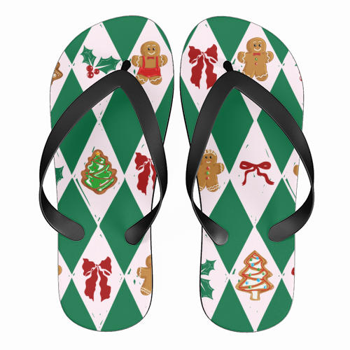 Green Check Gingerbreadman Coquette Pattern - funny flip flops by EZbie