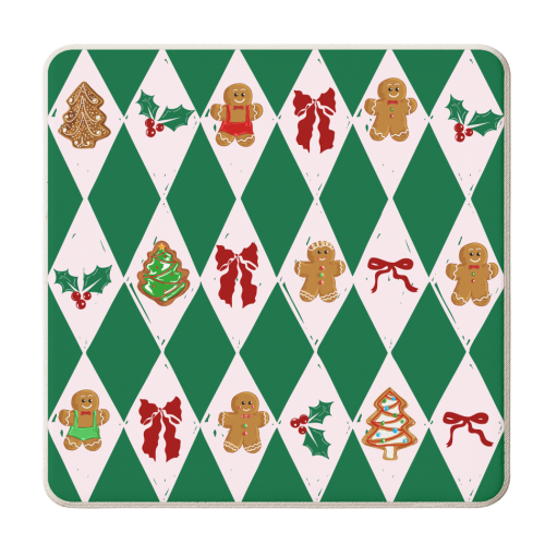 Green Check Gingerbreadman Coquette Pattern - personalised beer coaster by EZbie