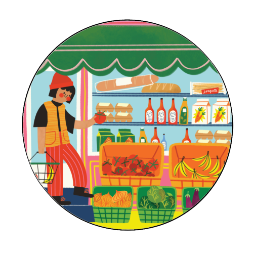Greengrocers - Circle Sticker by AbiGoLucky