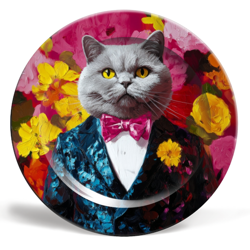 Grey cat gentleman - ceramic dinner plate by DejaReve