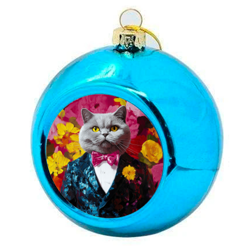 Grey cat gentleman - colourful christmas bauble by DejaReve
