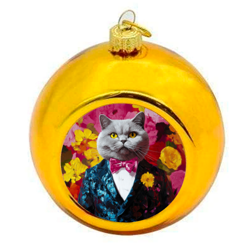 Grey cat gentleman - colourful christmas bauble by DejaReve