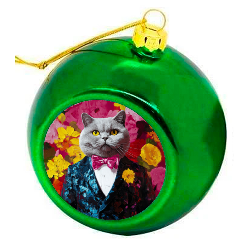 Grey cat gentleman - colourful christmas bauble by DejaReve
