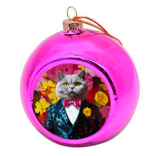 Grey cat gentleman - colourful christmas bauble by DejaReve