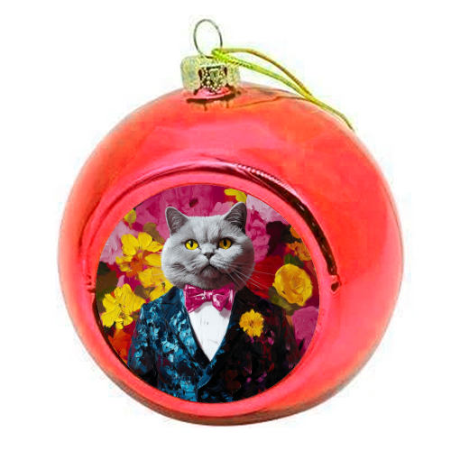 Grey cat gentleman - colourful christmas bauble by DejaReve