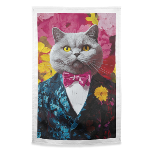 Grey cat gentleman - funny tea towel by DejaReve