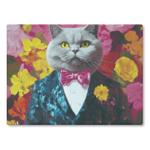 Grey cat gentleman - glass chopping board by DejaReve