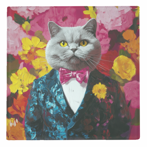 Grey cat gentleman - personalised beer coaster by DejaReve