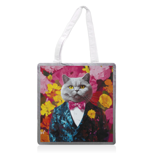 Grey cat gentleman - printed canvas tote bag by DejaReve