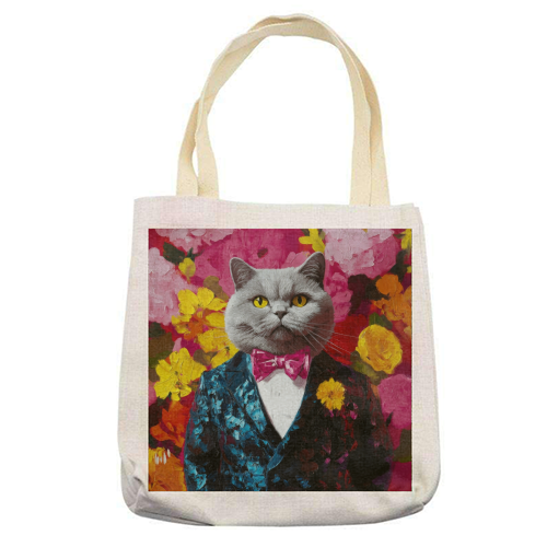 Grey cat gentleman - printed canvas tote bag by DejaReve