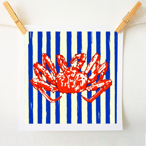 Groovy King Crab Blue Stripes Retro Illustration - A1 - A4 art print by EZbie
