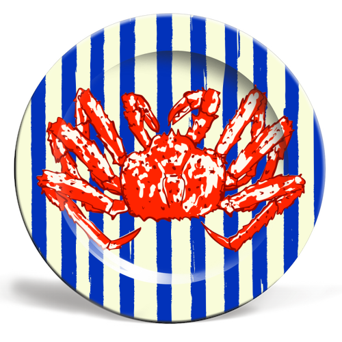 Groovy King Crab Blue Stripes Retro Illustration - ceramic dinner plate by EZbie