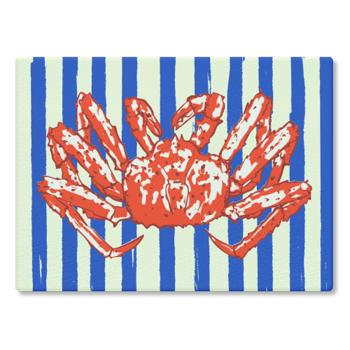 Groovy King Crab Blue Stripes Retro Illustration - glass chopping board by EZbie