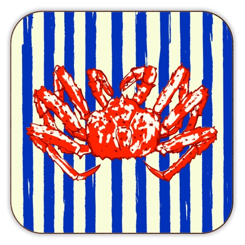 Groovy King Crab Blue Stripes Retro Illustration - personalised beer coaster by EZbie