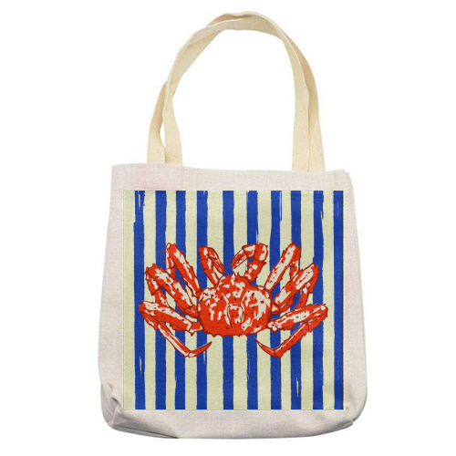 Groovy King Crab Blue Stripes Retro Illustration - printed canvas tote bag by EZbie