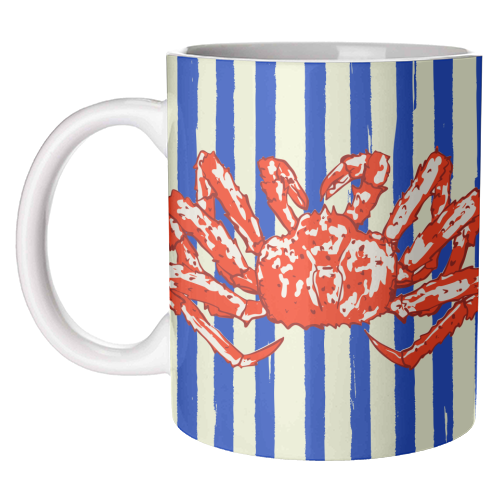 Groovy King Crab Blue Stripes Retro Illustration - unique mug by EZbie