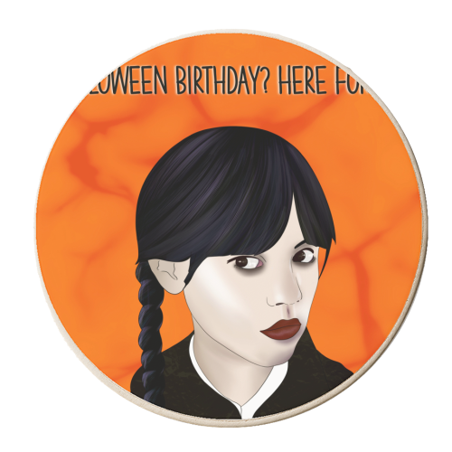 Halloween Birthday with Wednesday Addams - personalised beer coaster by Lisa Wardle