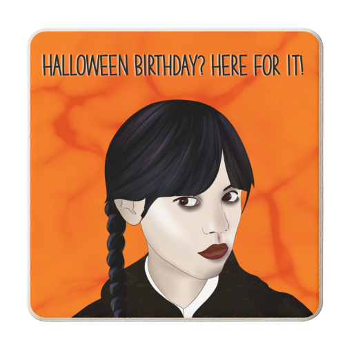 Halloween Birthday with Wednesday Addams - personalised beer coaster by Lisa Wardle