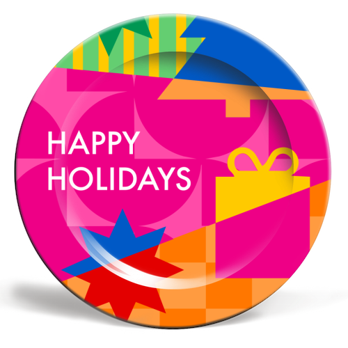 Happy Holidays Geometric Christmas Design - ceramic dinner plate by AbiGoLucky