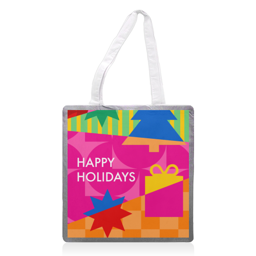 Happy Holidays Geometric Christmas Design - printed canvas tote bag by AbiGoLucky