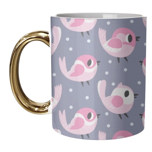 Happy Pink Birds Pattern - unique mug by Claire Stamper