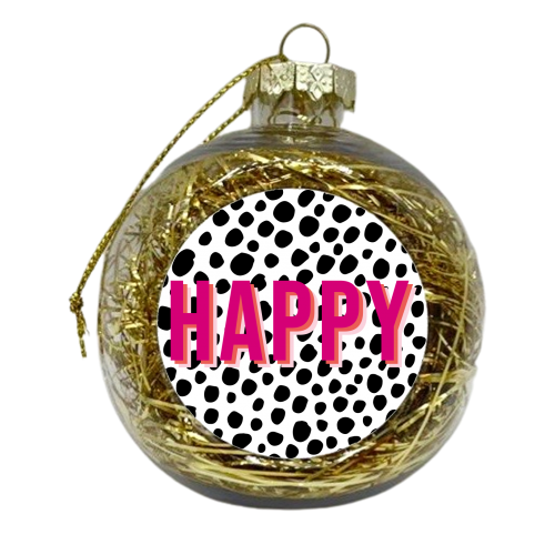 Happy Pink Polka Dot Typography Print - xmas bauble by Kind of Simple Designs