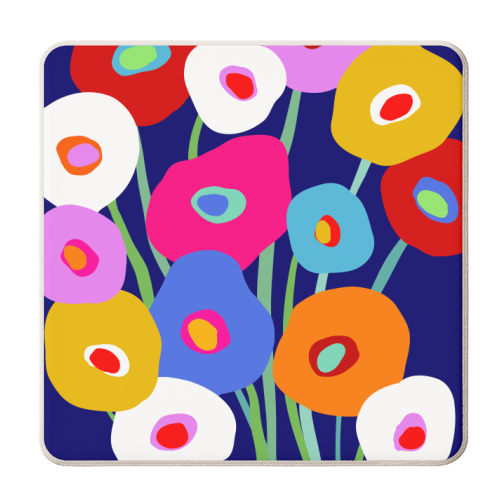 Happy Pop Floral Bouquet on Blue - personalised beer coaster by Dominique Vari