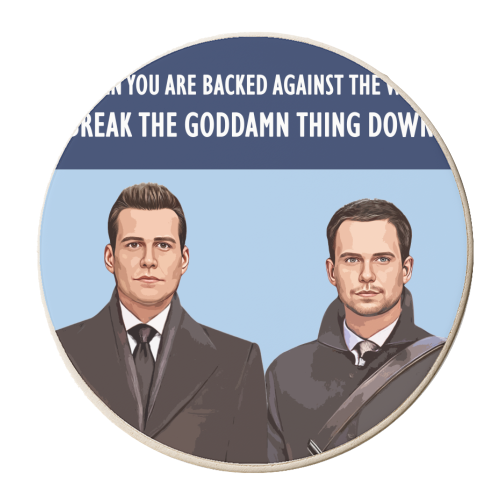 Harvey and Mike: Backed against the wall - personalised beer coaster by DOLLY WOLFE