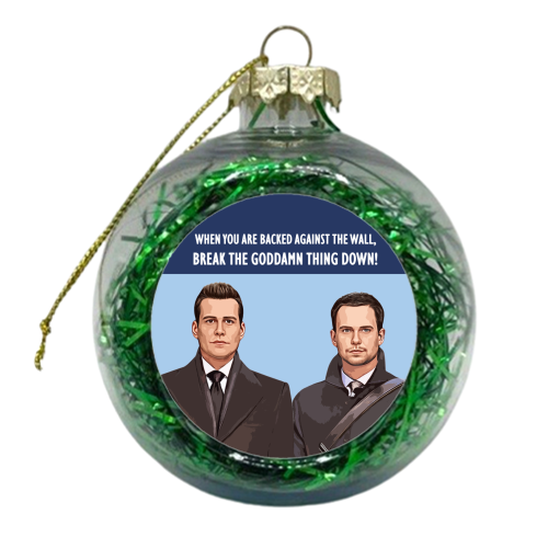Harvey and Mike: Backed against the wall - xmas bauble by DOLLY WOLFE