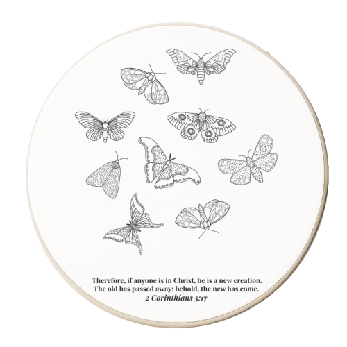 He Is A New Creation... -2 Corinthians 5:17 Butterfly Line Art Sketch Black and White - personalised beer coaster by Toni Scott
