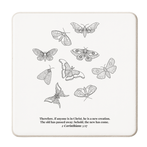 He Is A New Creation... -2 Corinthians 5:17 Butterfly Line Art Sketch Black and White - personalised beer coaster by Toni Scott