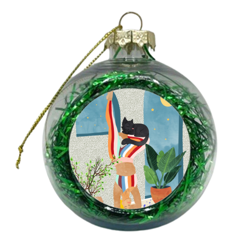 Headstand, Cat Yoga, Active Woman Workout, Eclectic Colorful Pets Terrazzo - xmas bauble by Uma Prabhakar Gokhale